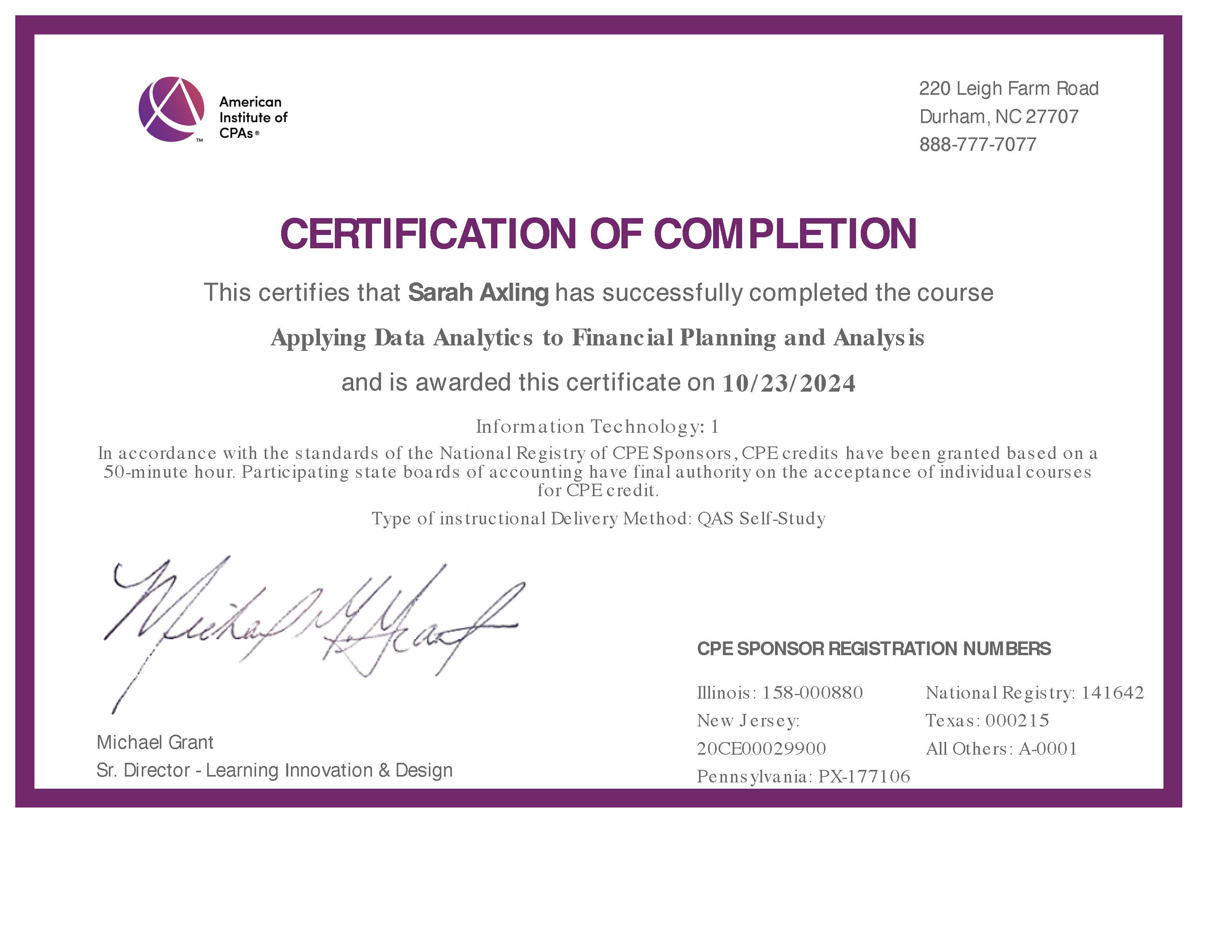 Appliying Data Analytics to Financial Planning and Analysis Certificate